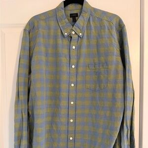 J Crew Men's Blue and Green Linen Shirt